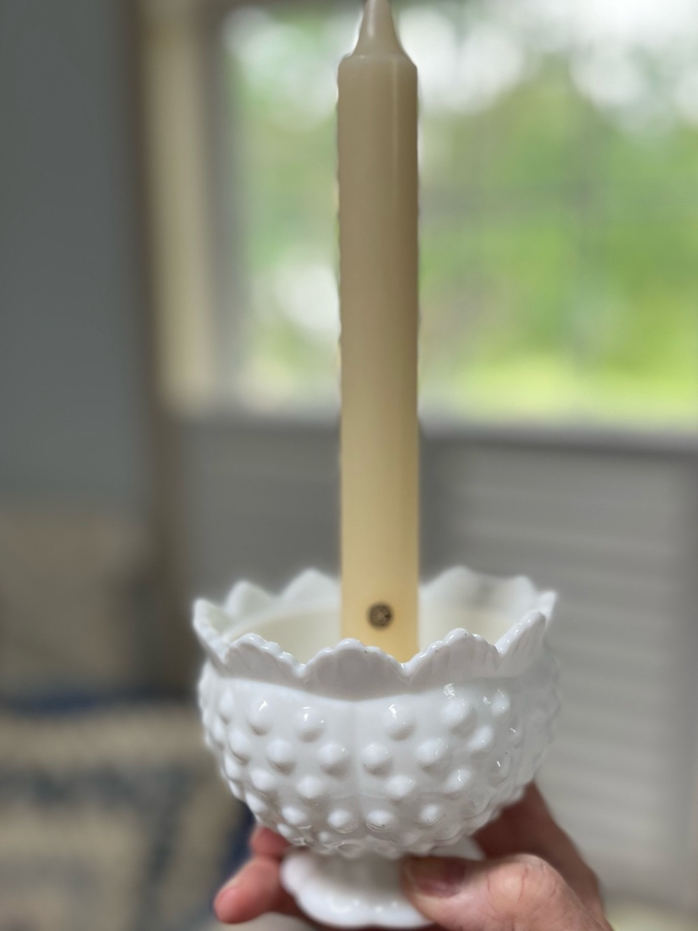 White Fenton Hobnail Milk Glass Candle Holder with Taper Candle